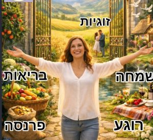 אישה עומדת בשער פורשת זרועותיה לצדדים מחייכת וסביבה מילים: שמחה, בריאות, זוגיות, פרנסה