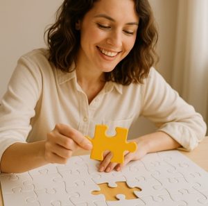 בחורה שמה את החלק האחרון בפאזל הלבן שפרוש על השולחן לפניה ומחייכת