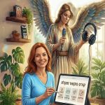 אישה אוחזת מחשב נייד שעליו כתוב קורס מוקלט יעל כהן המתקשרת. מעליה יש מלאכית עם אוזניות ומיקרופון בידה