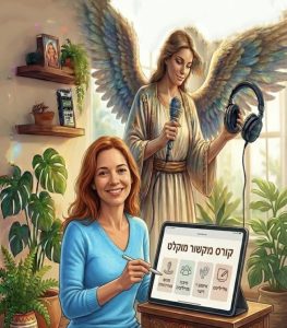 אישה אוחזת מחשב נייד שעליו כתוב קורס מוקלט יעל כהן המתקשרת. מעליה יש מלאכית עם אוזניות ומיקרופון בידה