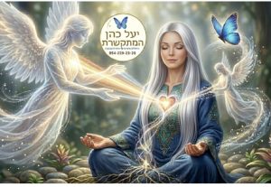 אישה מיסטית עם שיער ארוך מקבלת ריפוי אנרגטי ממלאכים